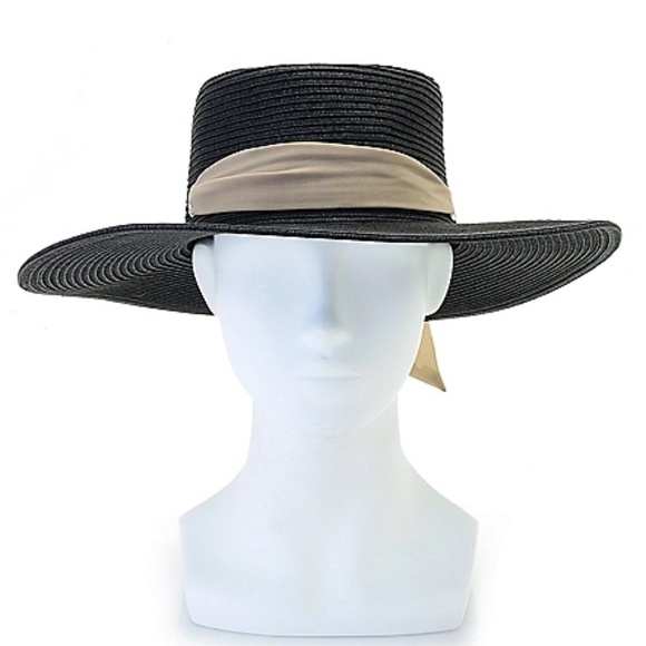 Kate & Mallory Accessories - Wide brimmed black straw hat with sash- NWT